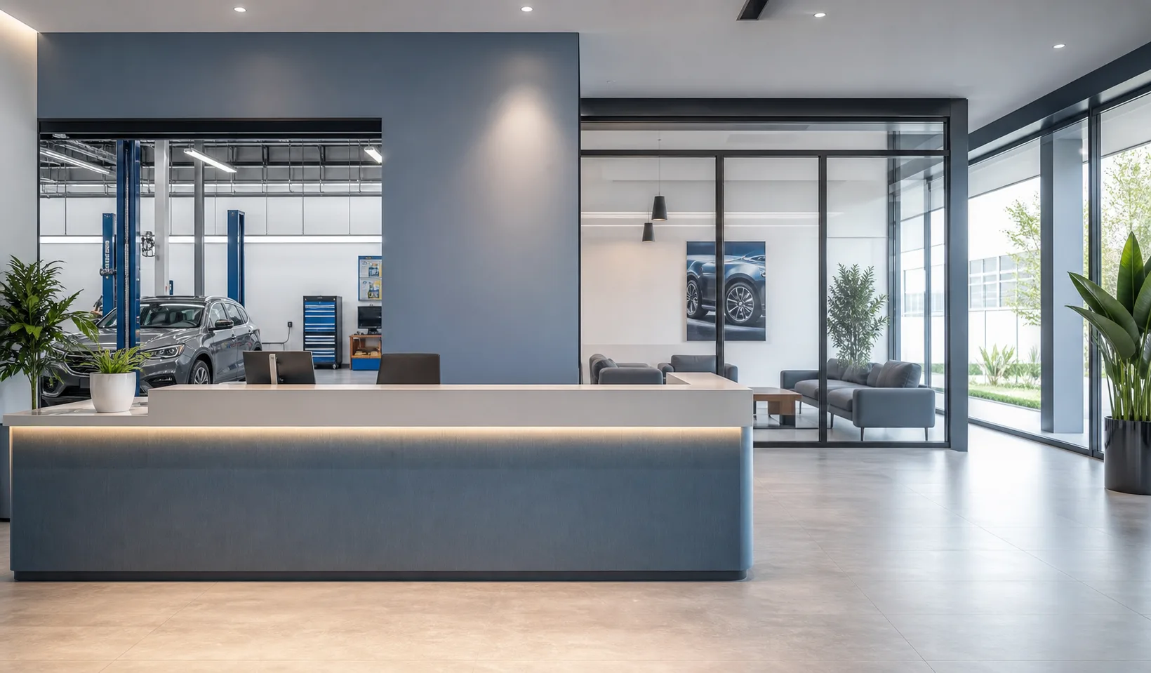 Modern auto service reception with steel-blue desk and bright lounge