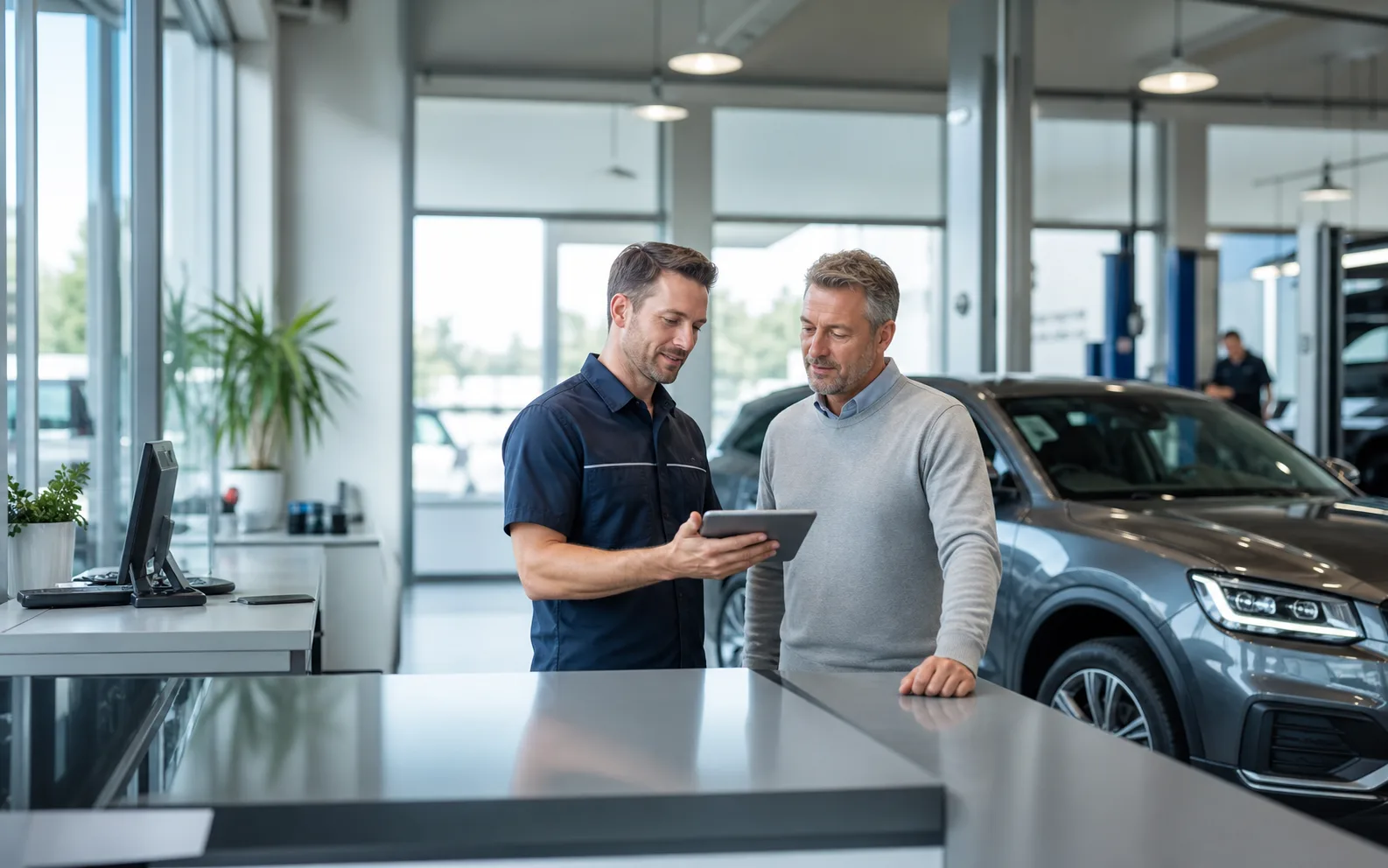 Service advisor explaining diagnostics on a tablet beside a vehicle