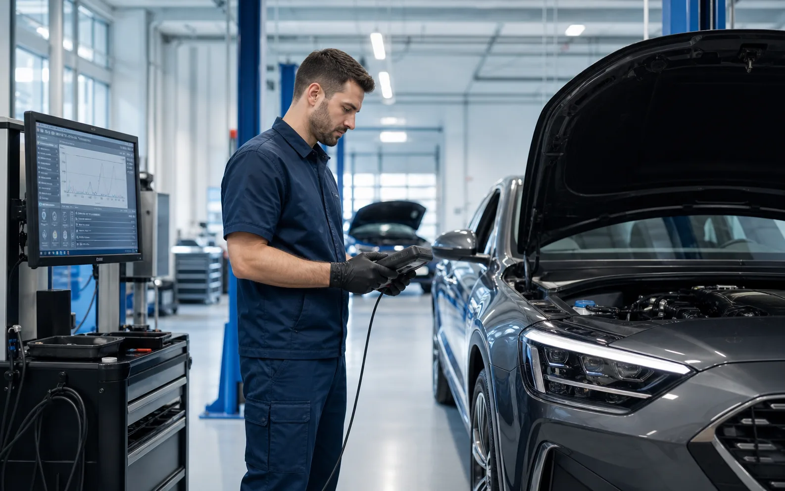Diagnostic scanner and inspection bay in a clean modern workshop