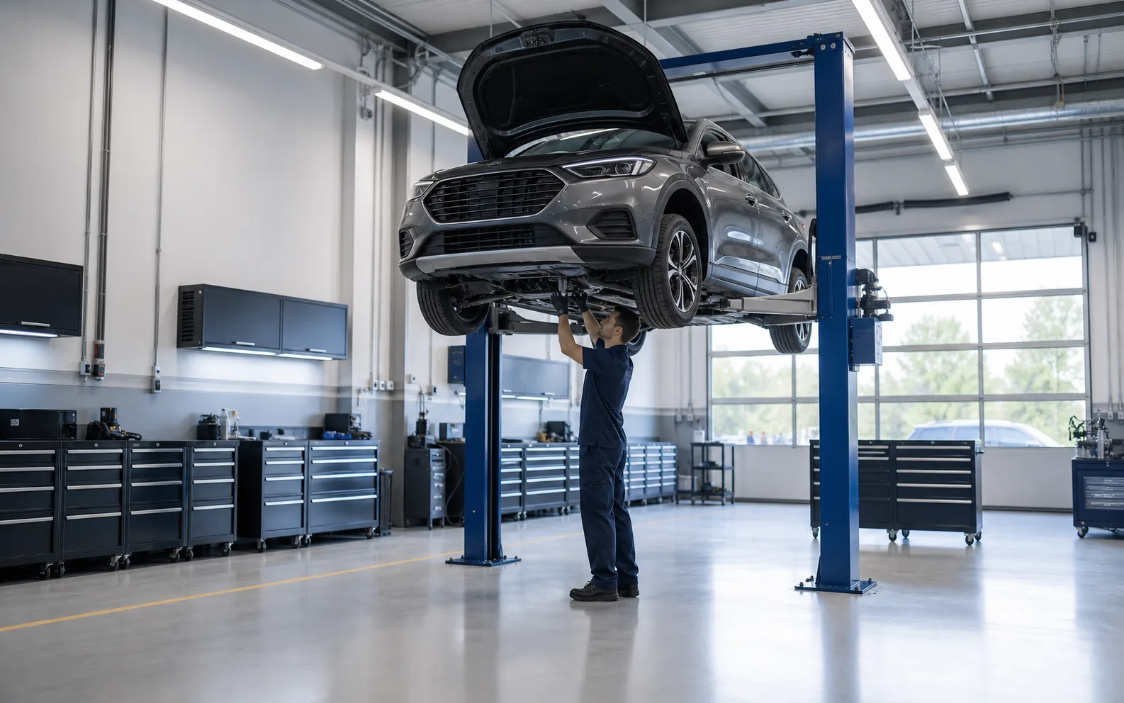 Vehicle on a lift inside a bright organized service bay