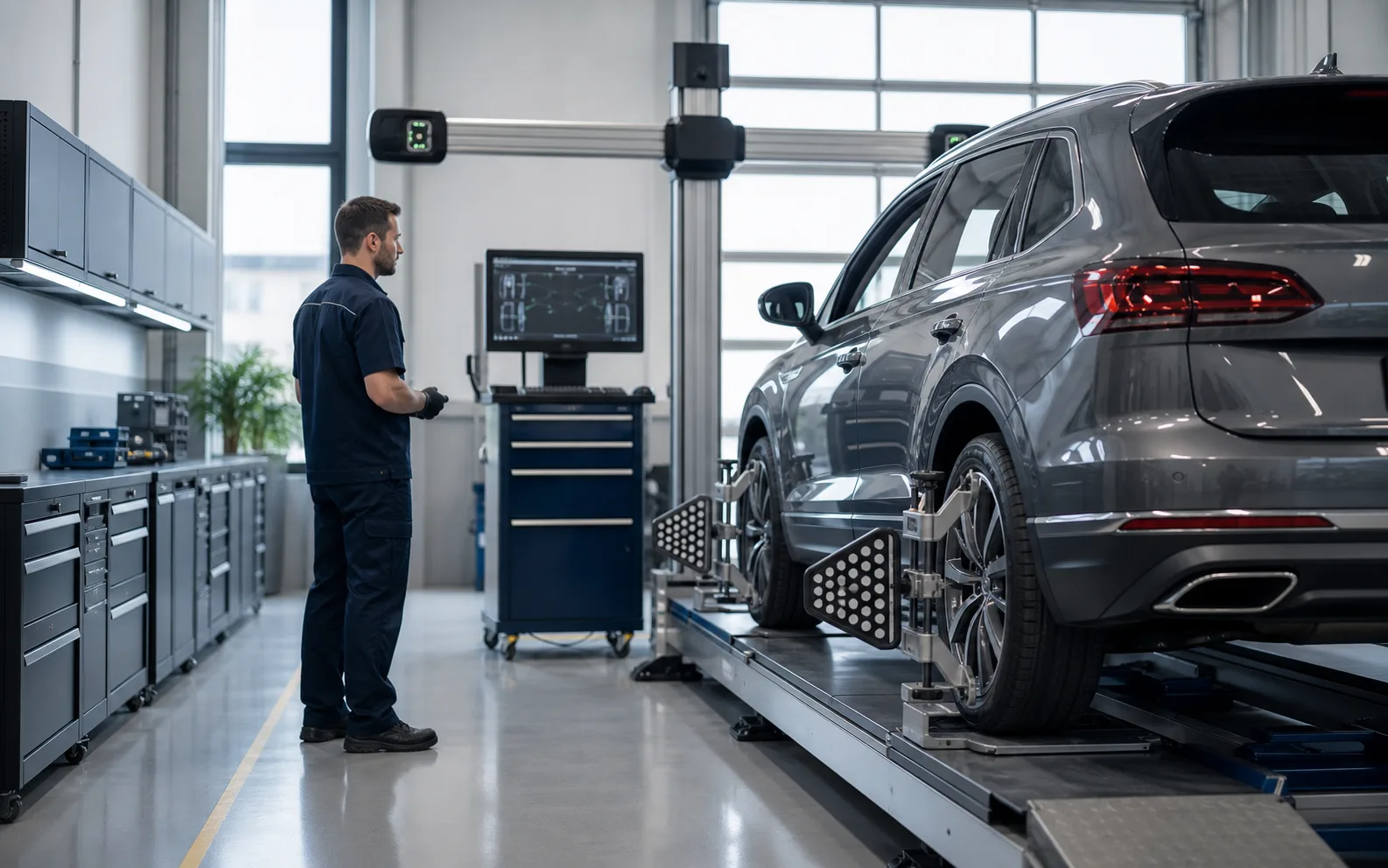 Wheel alignment station with precise measurement equipment