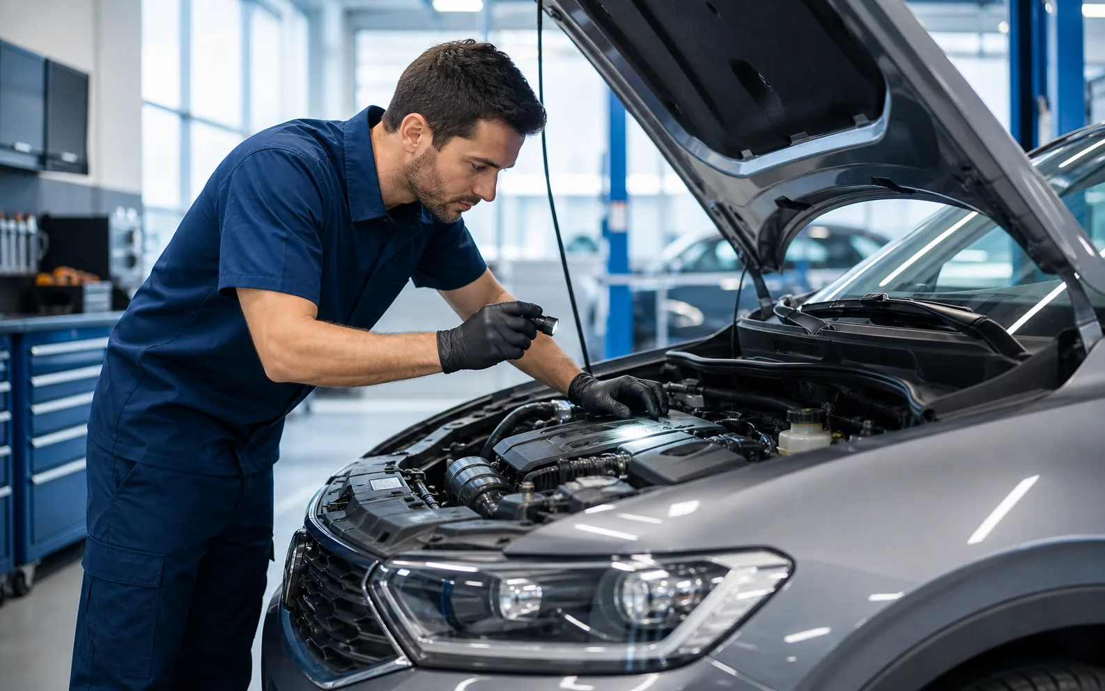 Technician inspecting engine components in a clean service bay