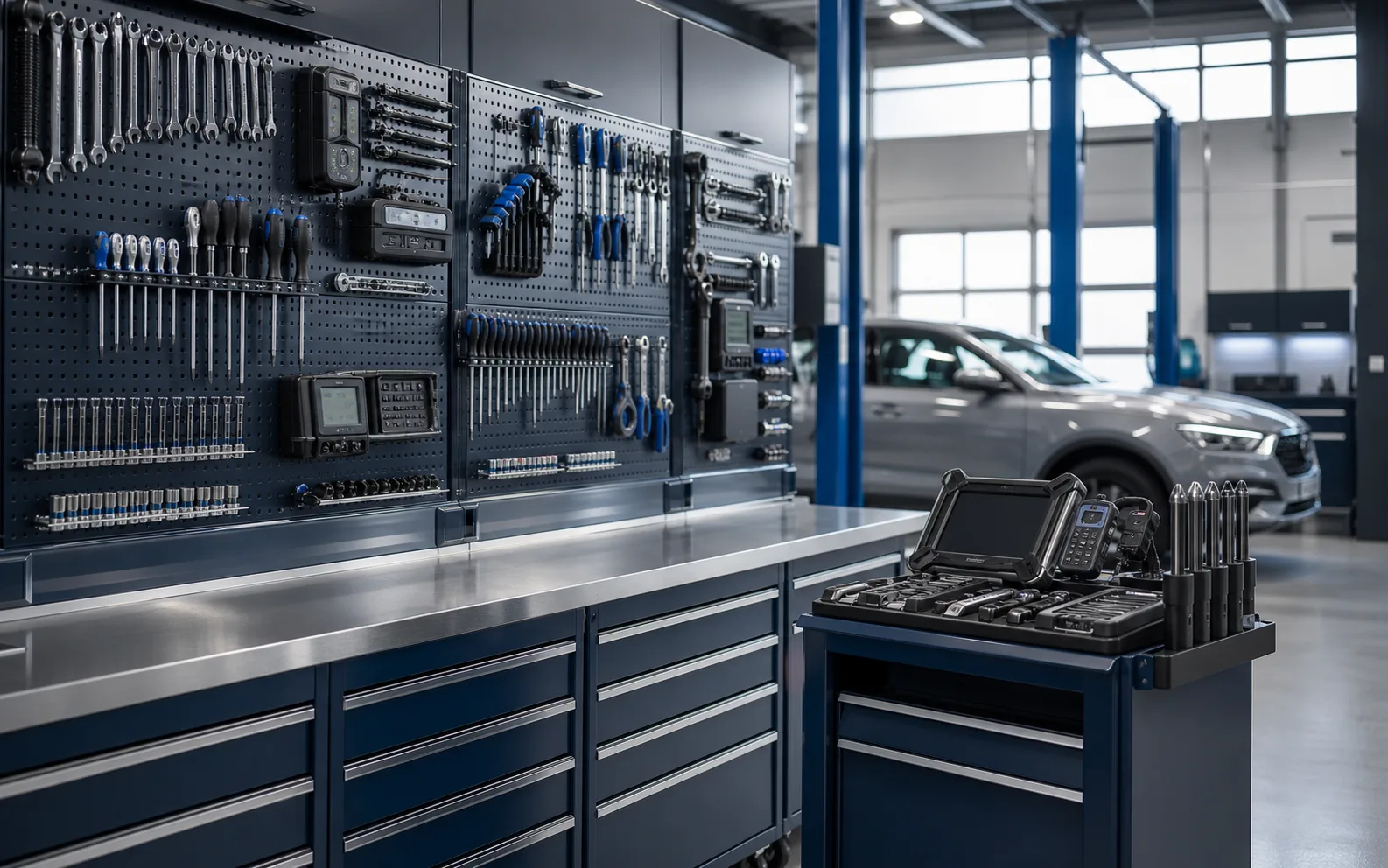 Organized tool wall and service cart in a premium workshop