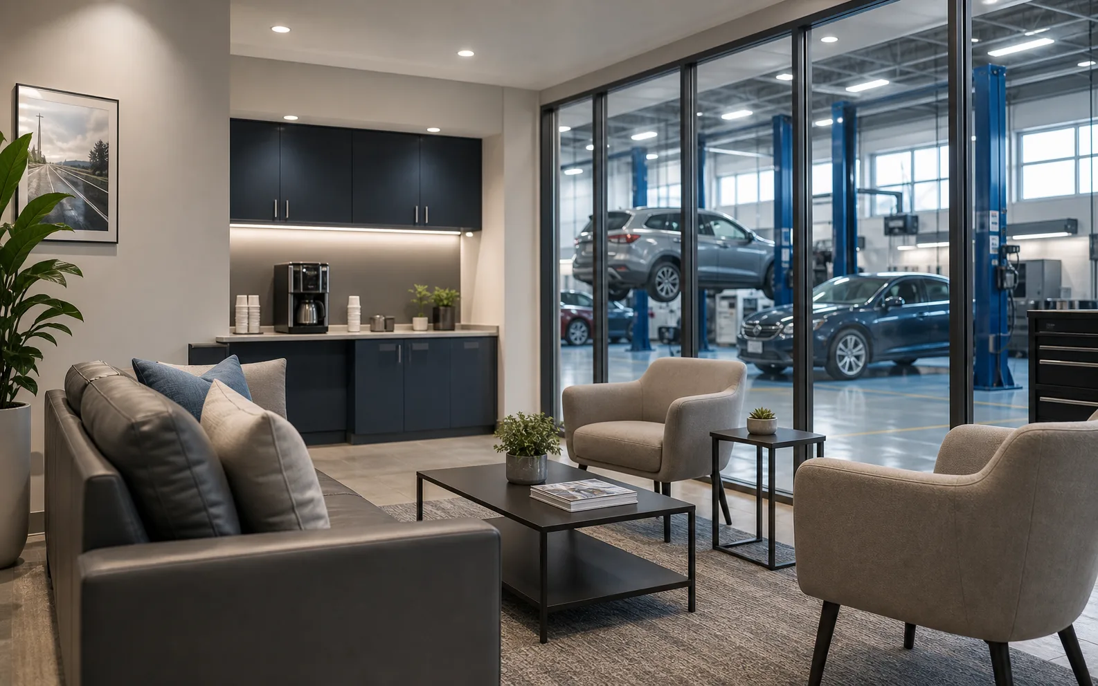 Calm customer lounge with glass view into the workshop