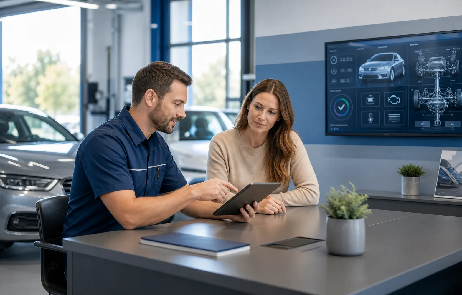 Diagnostics consultation with digital inspection screen and service notes