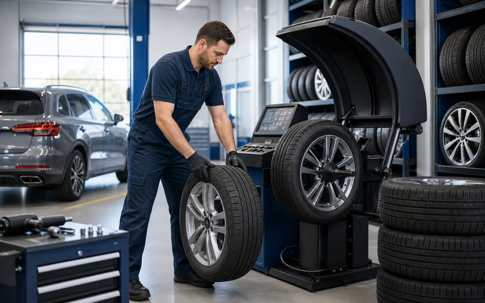 Seasonal tire service setup with wheel balancing equipment